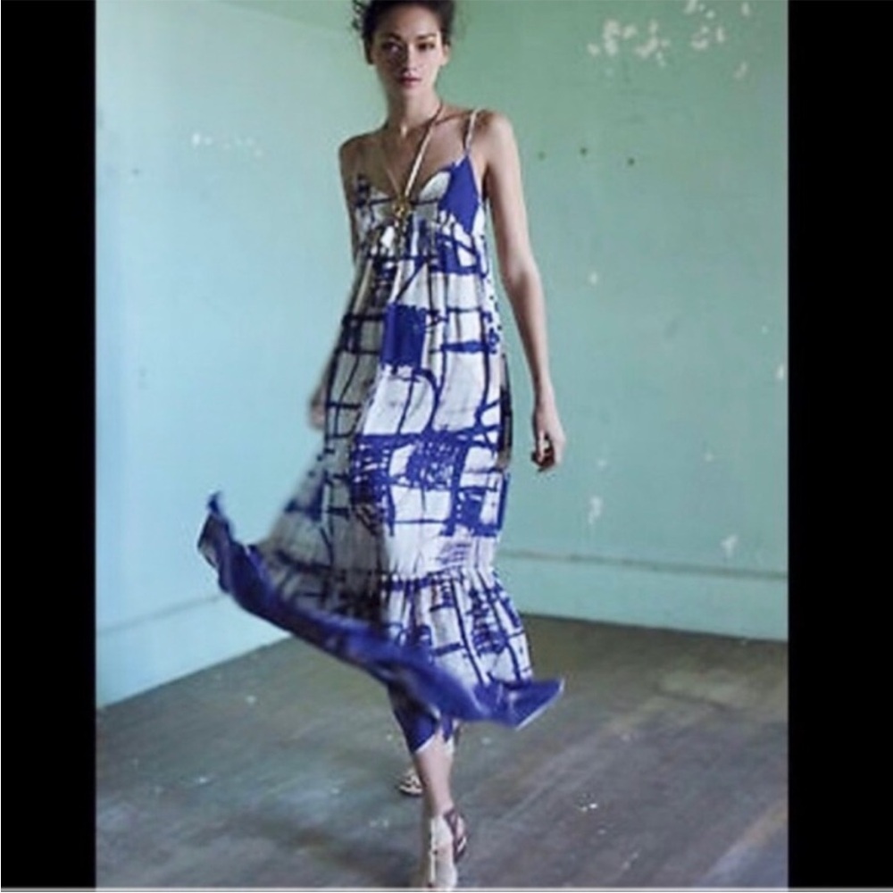 Anthropologie 100% Silk Blue and White Women's Maxi Dress